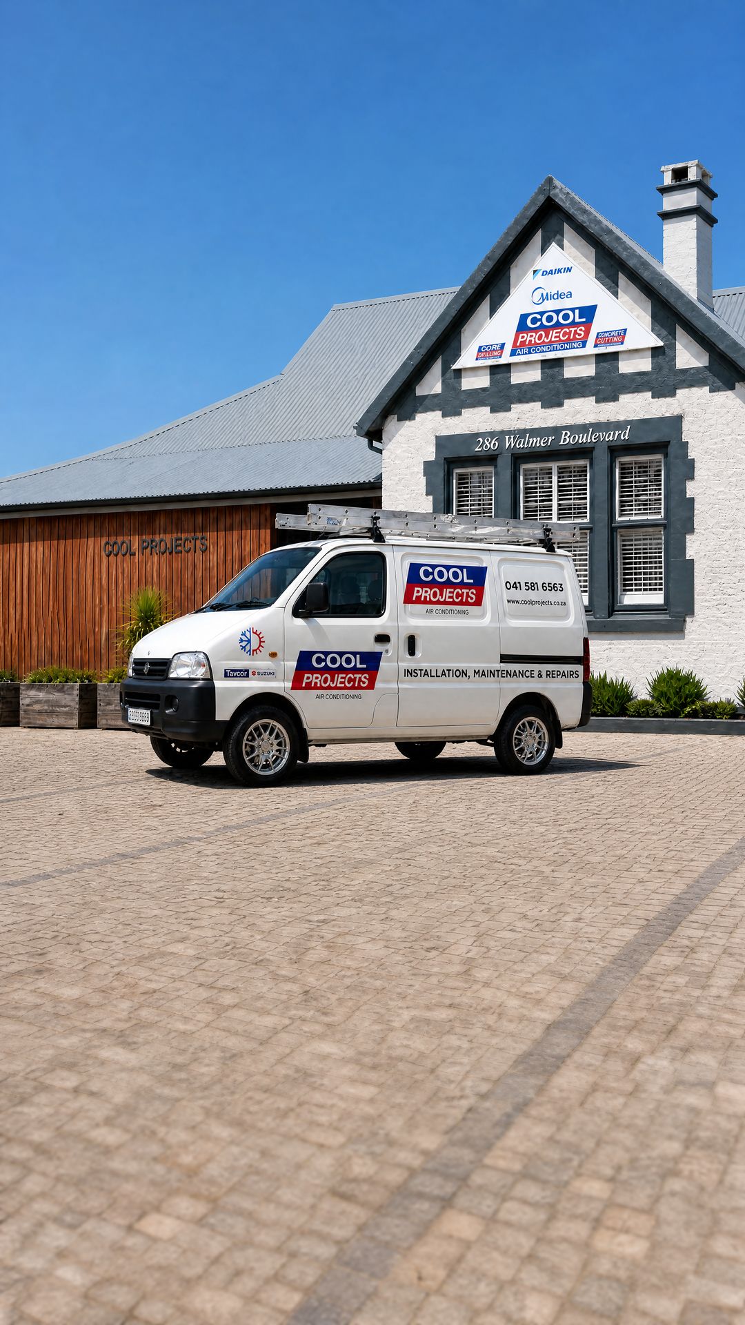 A branded Cool Projects Air Conditioning van outside the company premises at 286 Walmer Boulevard, Gqeberha