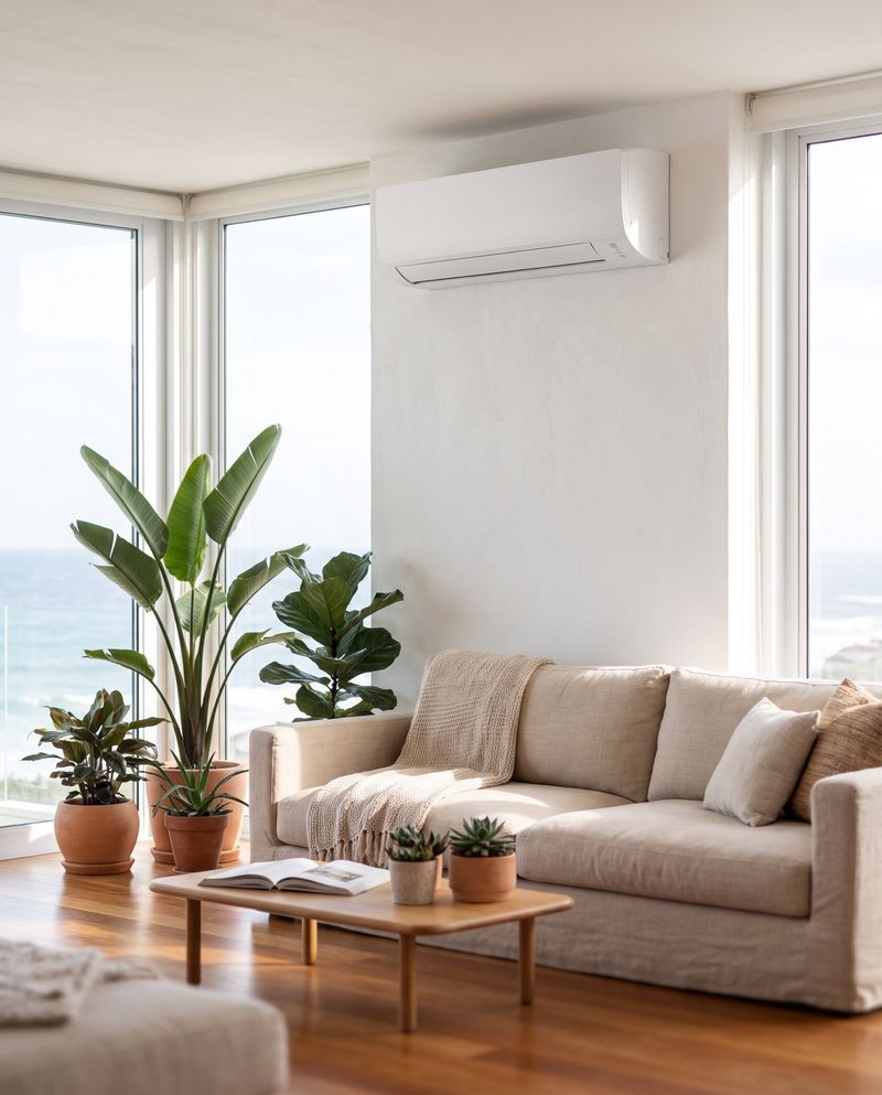A wall split unit installed above a coastal living room