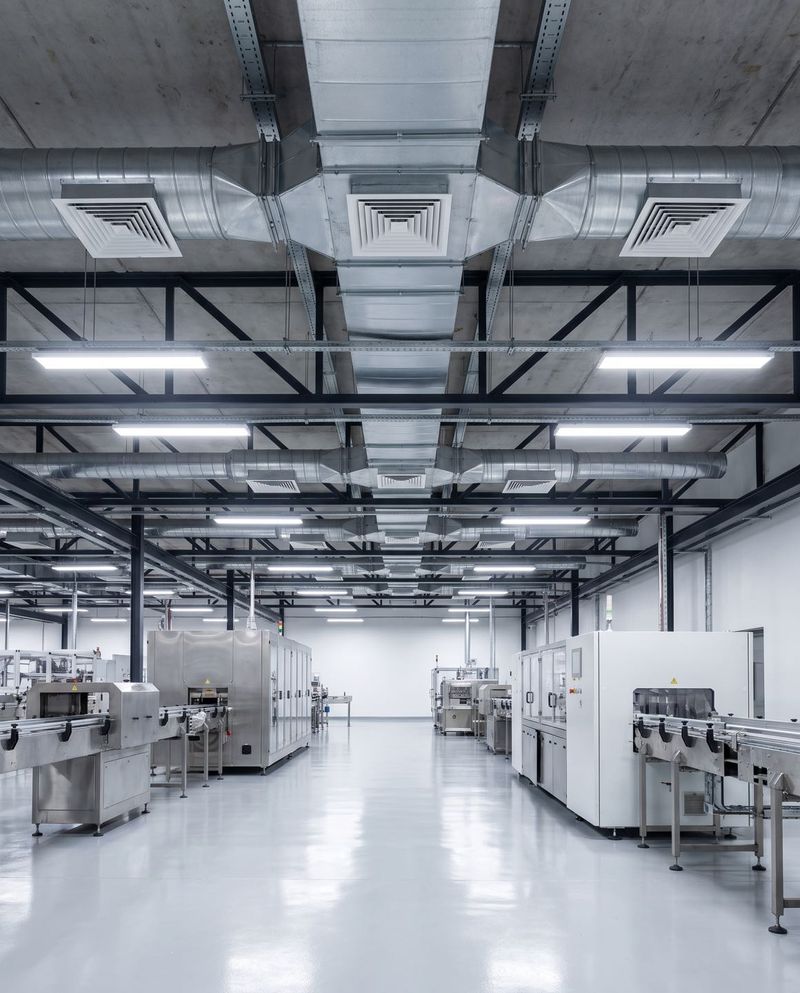 Rectangular and round ducting on steel trusses in a production hall