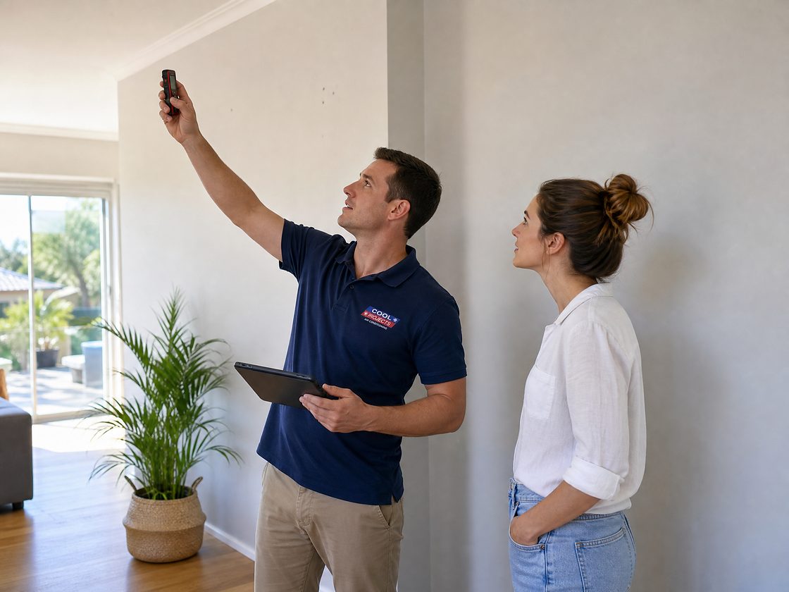 A Cool Projects technician measuring a room with the homeowner before an air conditioning installation