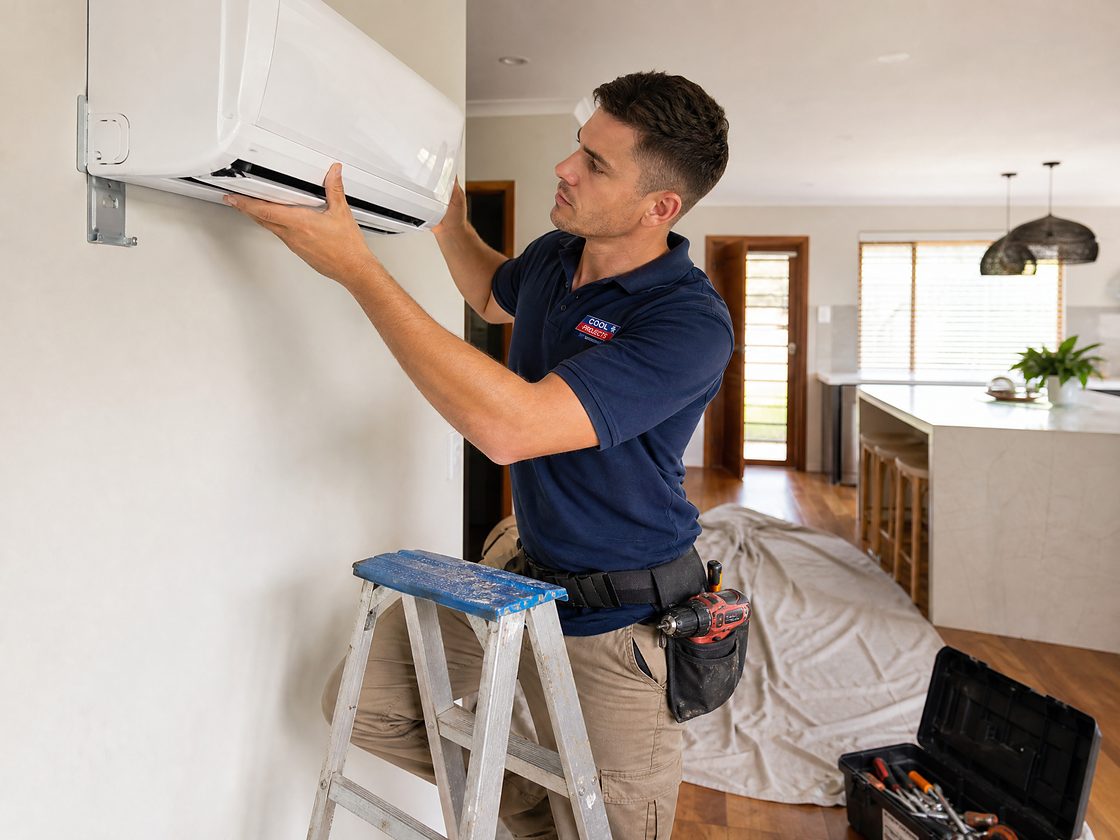 A Cool Projects technician fitting a wall split unit on a ladder in a home