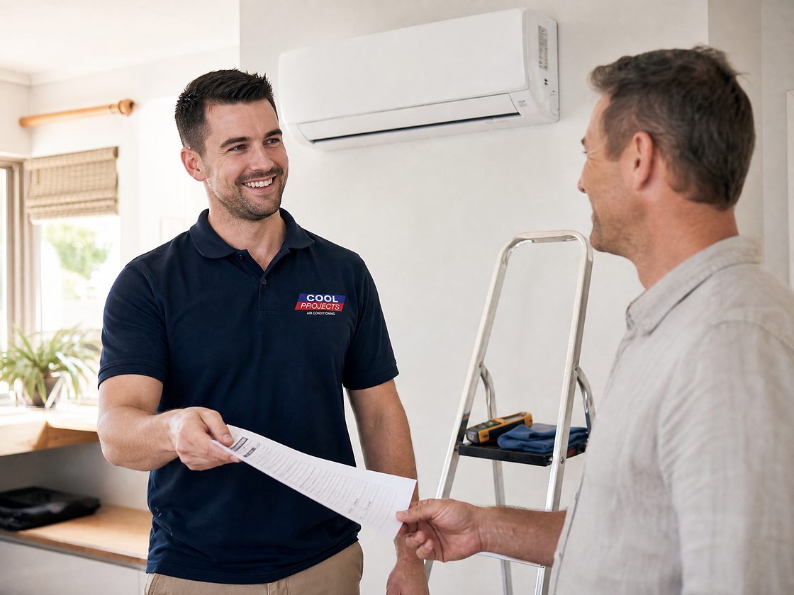 A Cool Projects technician handing over the paperwork to a customer beside a newly installed unit