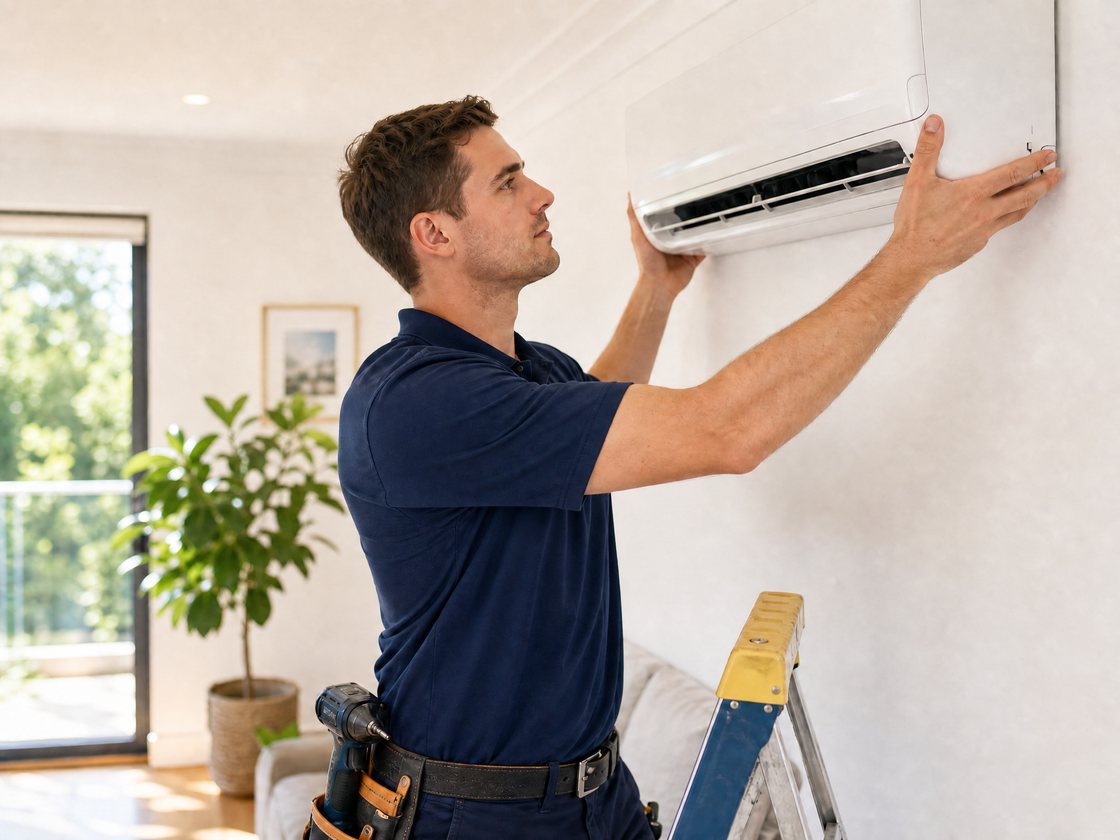 A Cool Projects technician mounting a wall unit in a living room