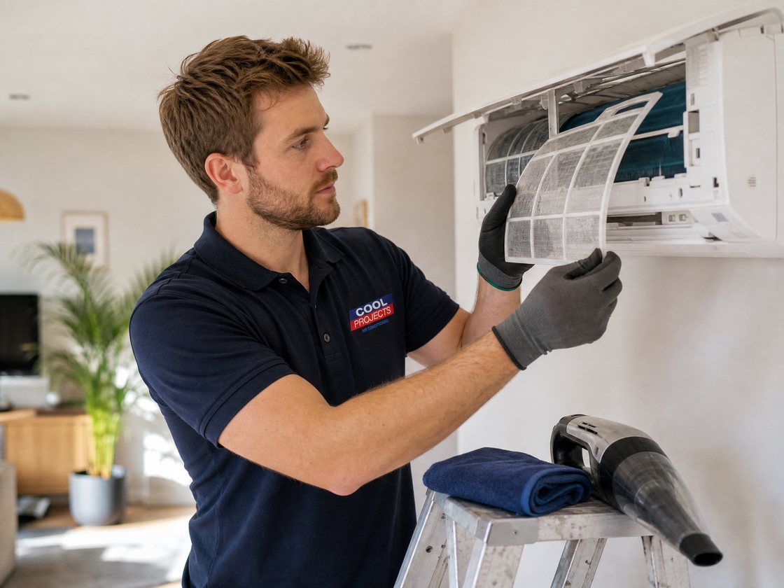 A Cool Projects technician removing an indoor unit filter for cleaning