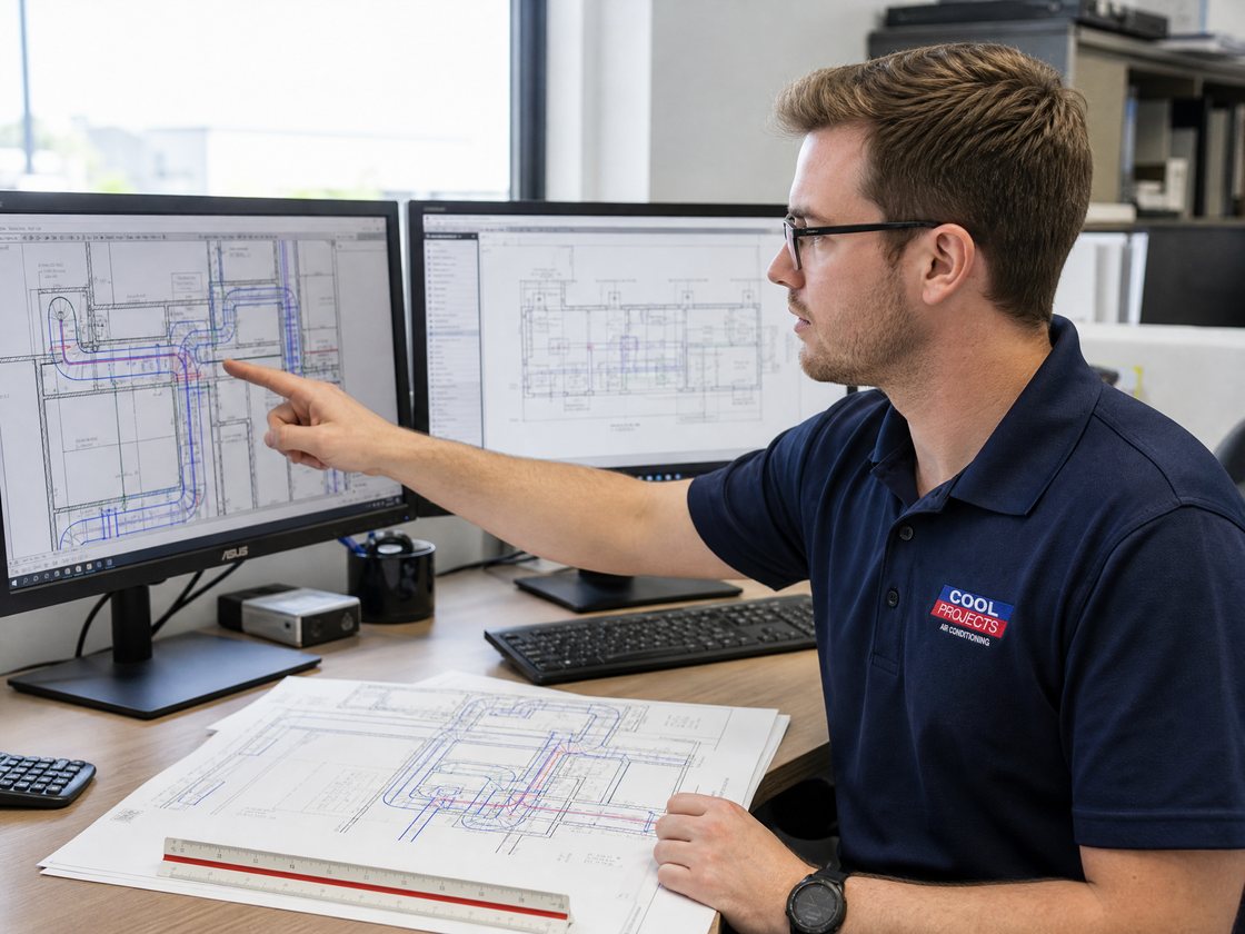 A Cool Projects designer reviewing ducting drawings on a CAD workstation